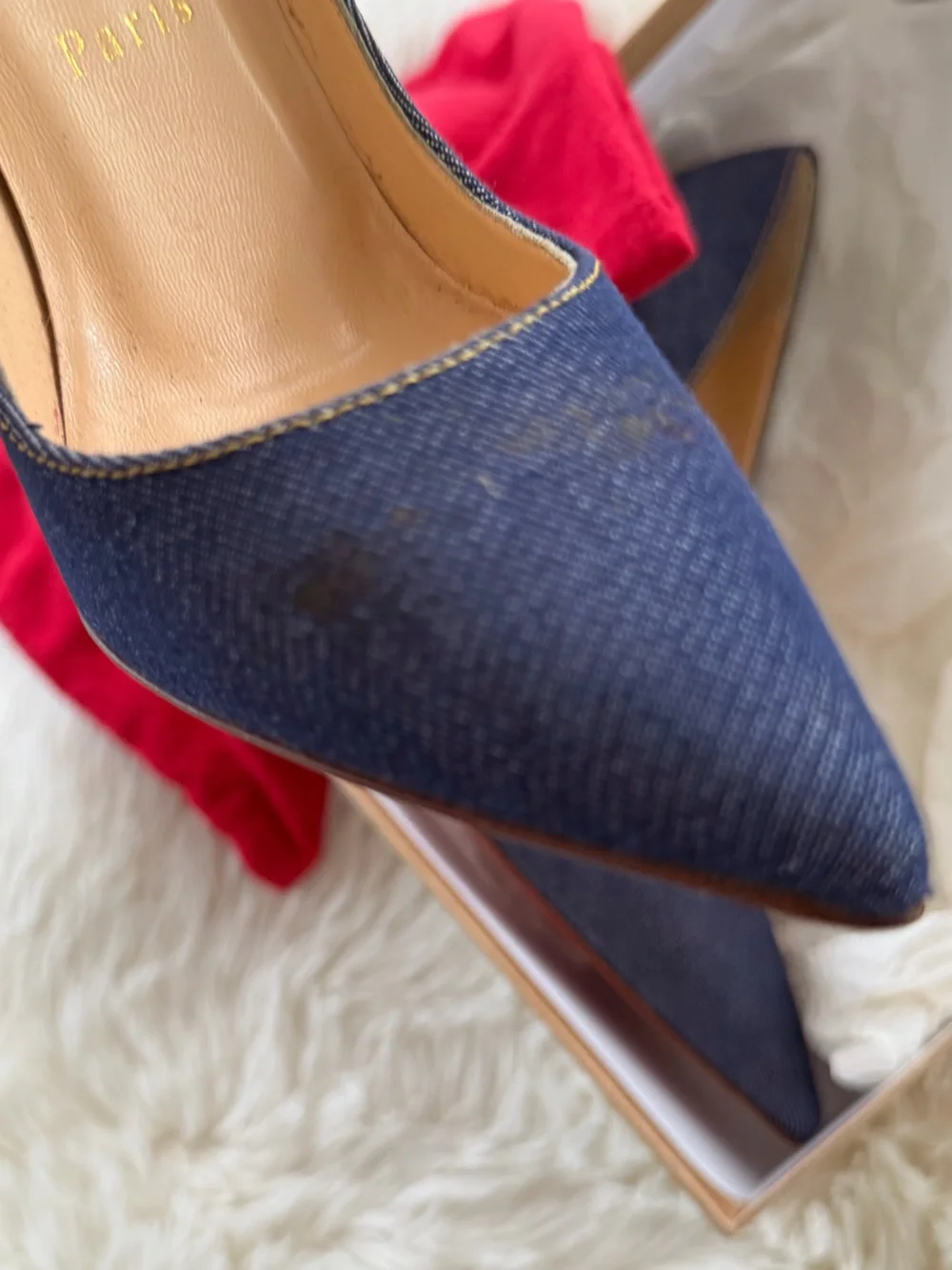 Christian Louboutin Denim Pointed Toe Pumps in Dark Blue with Red Soles